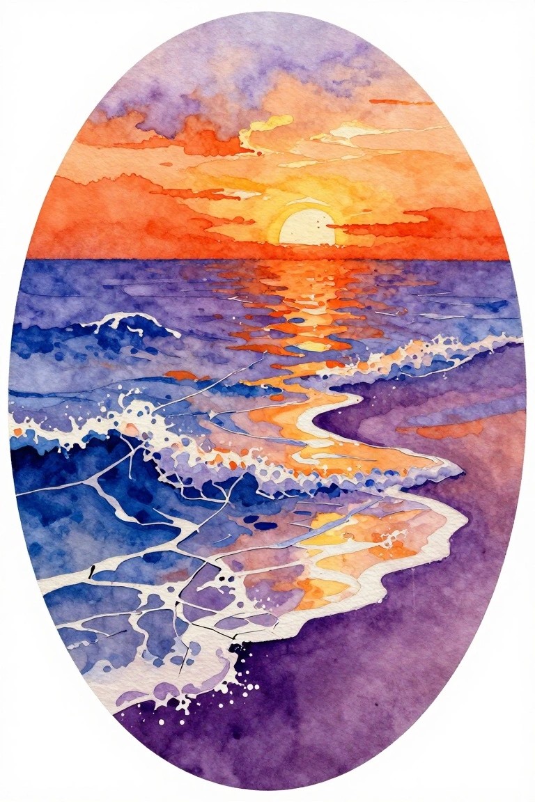 Oval watercolor of vibrant sunset reflecting on blue-purple ocean waves at dusk