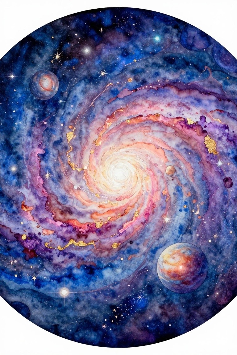 Watercolor spiral galaxy with vibrant arms, planets, stars, and gold accents