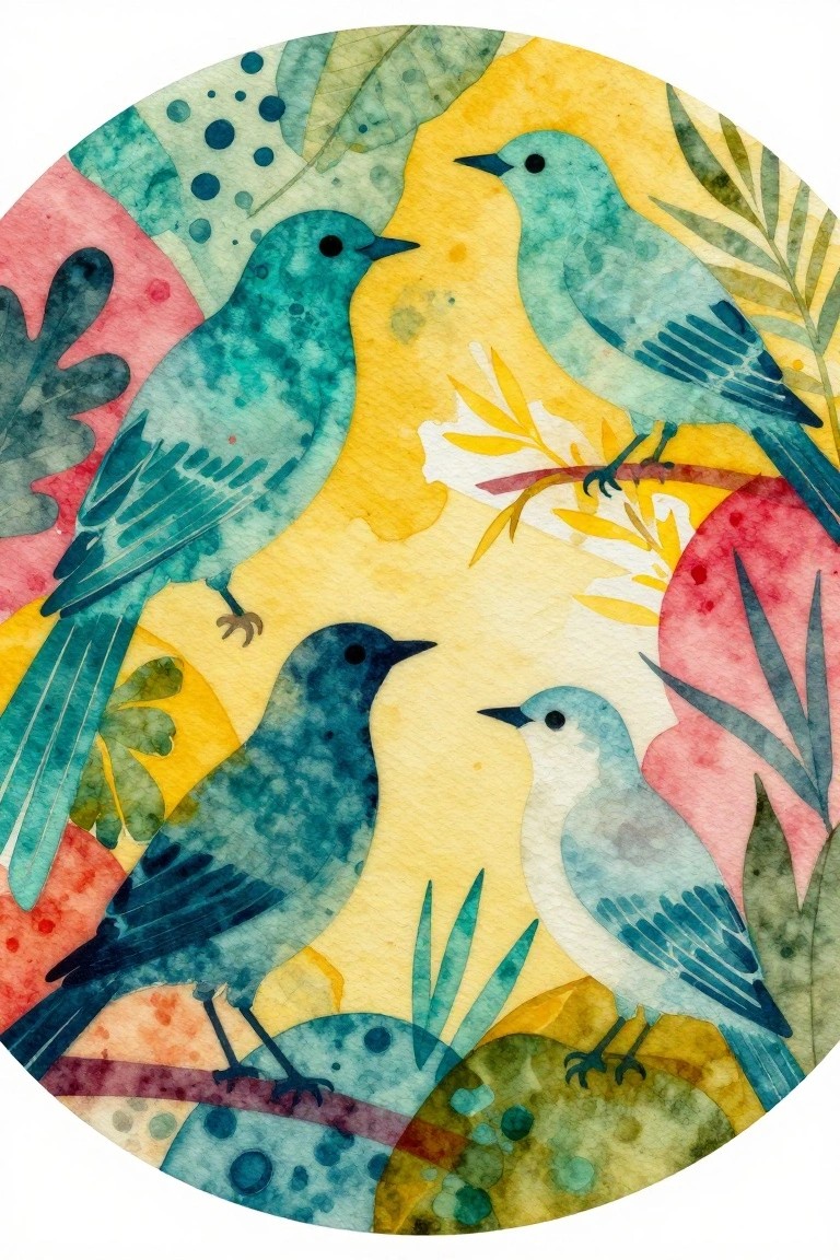 Four blue birds perched on branches amid vibrant watercolor leaves and shapes