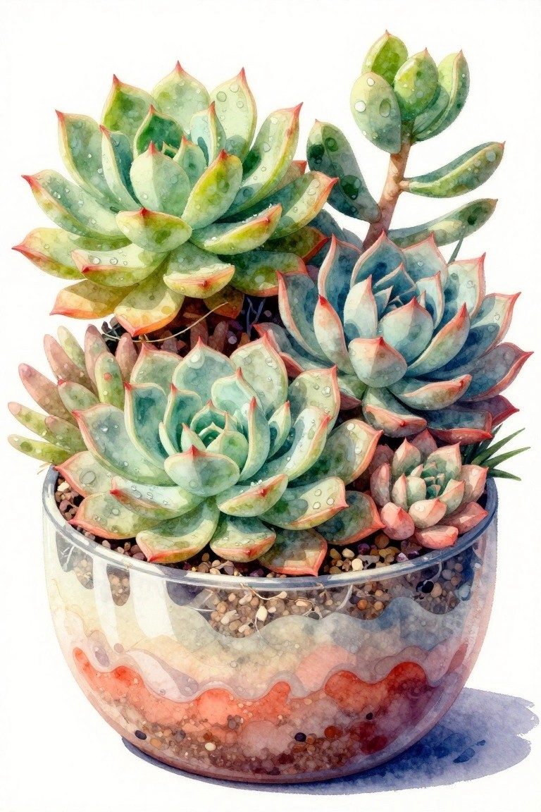 Watercolor of assorted succulents with water droplets in a clear glass pot with layered soil.