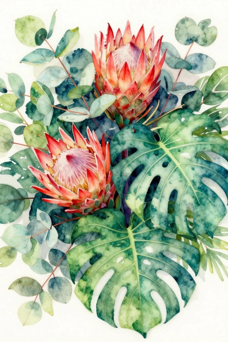 Watercolor of two red-pink proteas amid large green monstera and eucalyptus leaves