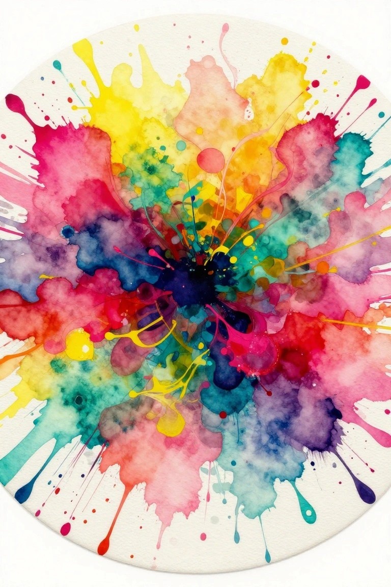 Vibrant watercolor splashes in rainbow colors bursting outward in circular pattern