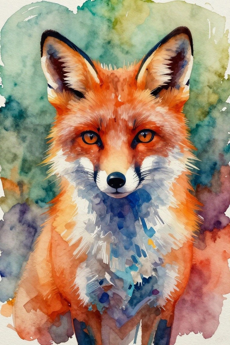 A watercolor painting of a fox face with orange fur, white markings, and a blended green and blue background.