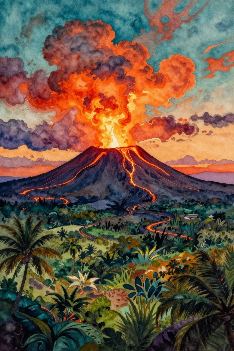 A vibrant painting of a volcano erupting with orange lava and smoke above a tropical landscape filled with palm trees and dense foliage.
