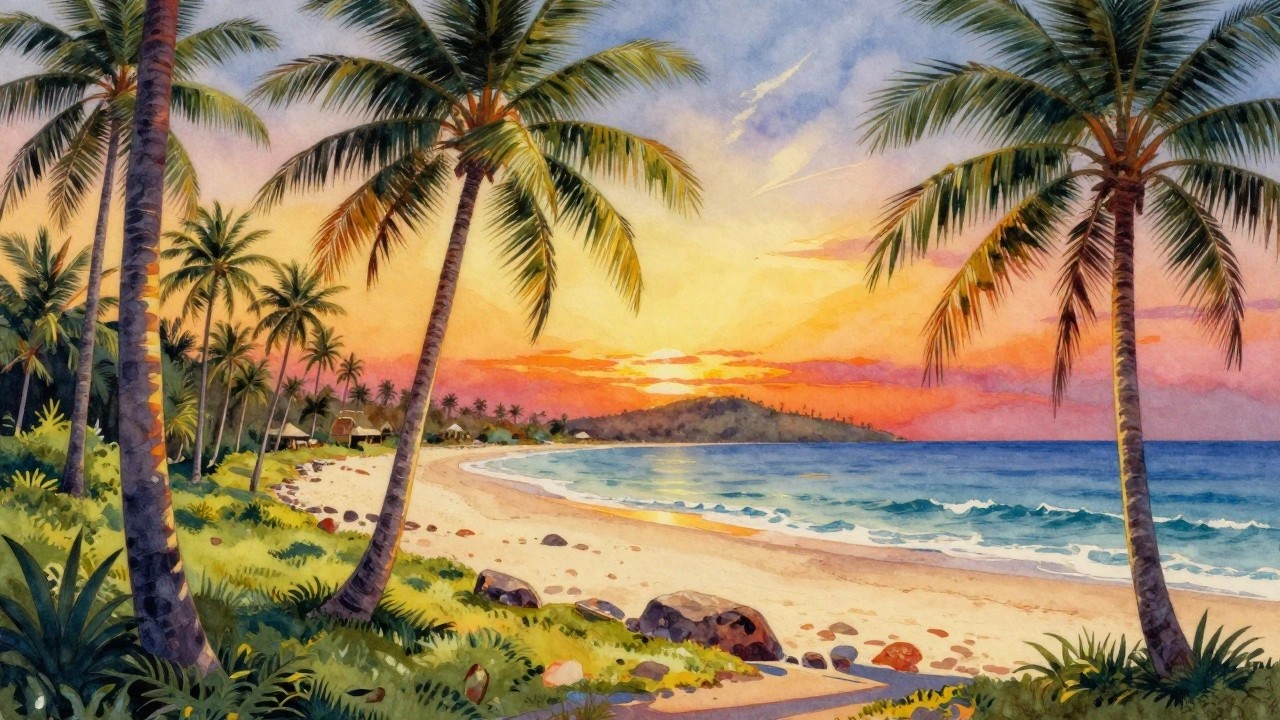 Watercolor of two palm trees framing a sandy tropical beach with distant island at sunset