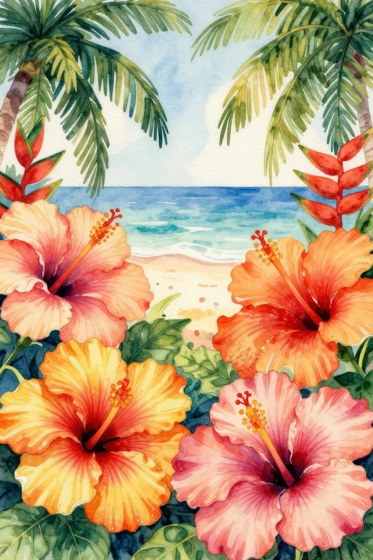 Vibrant watercolor hibiscus flowers framing a sunny tropical beach with palms and ocean.