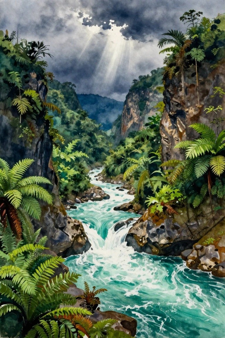 Turquoise river rapids rushing through lush tropical canyon with sunbeams piercing stormy clouds.