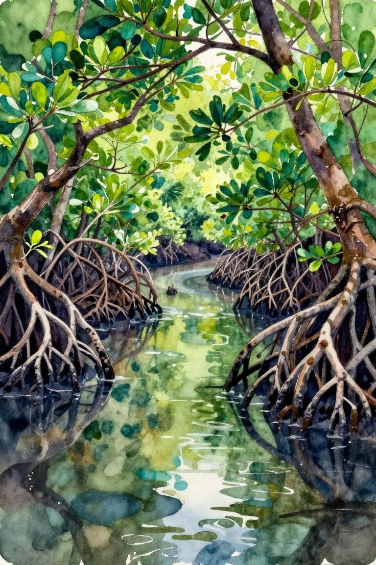 Watercolor of mangrove trees with tangled roots arching over a calm reflective waterway