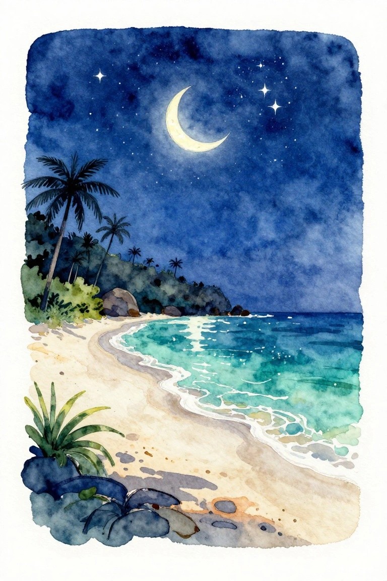 Watercolor of moonlit tropical beach with palm trees, stars, and turquoise waves at night