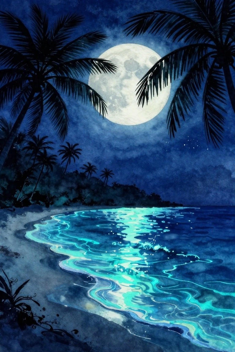 Moonlit tropical beach with silhouetted palms and glowing turquoise waves in watercolor
