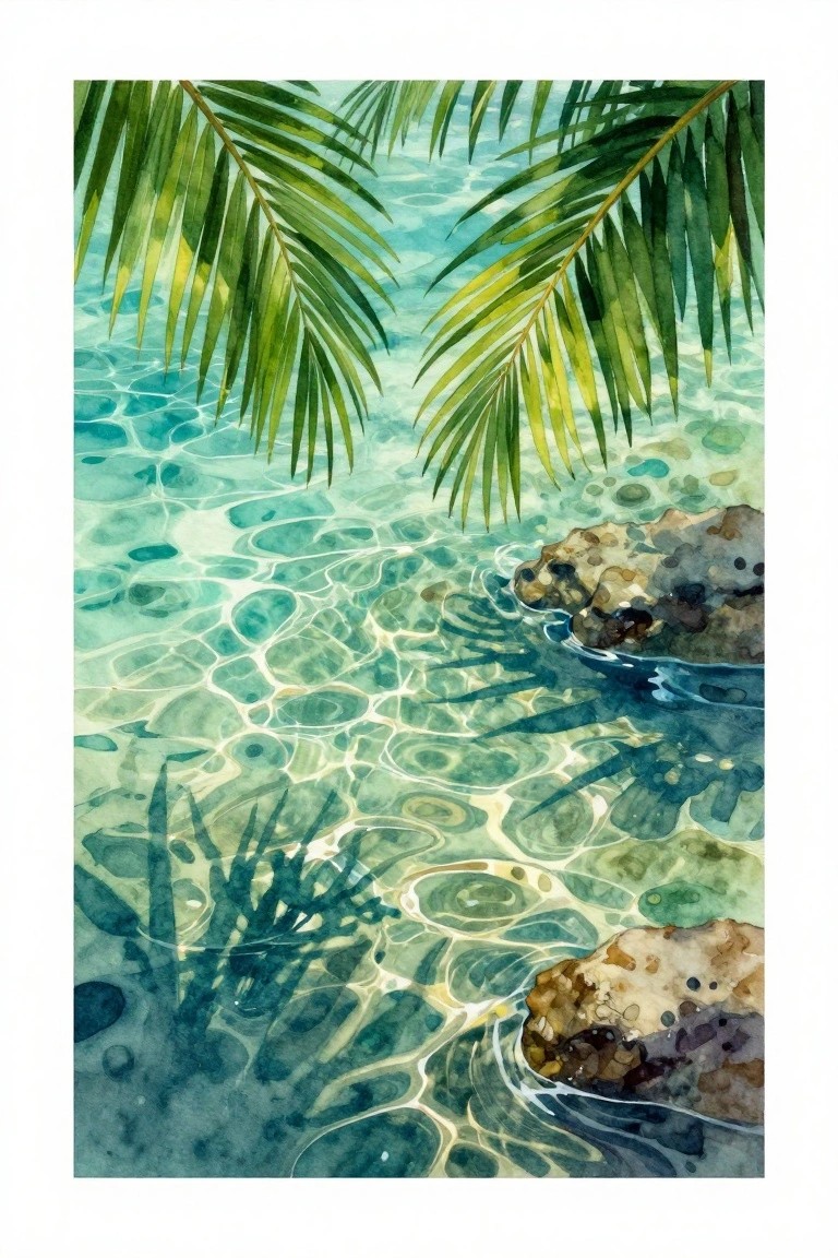 A watercolor painting of turquoise water with sunlight reflections, palm fronds at the top, and rocks along the right side.