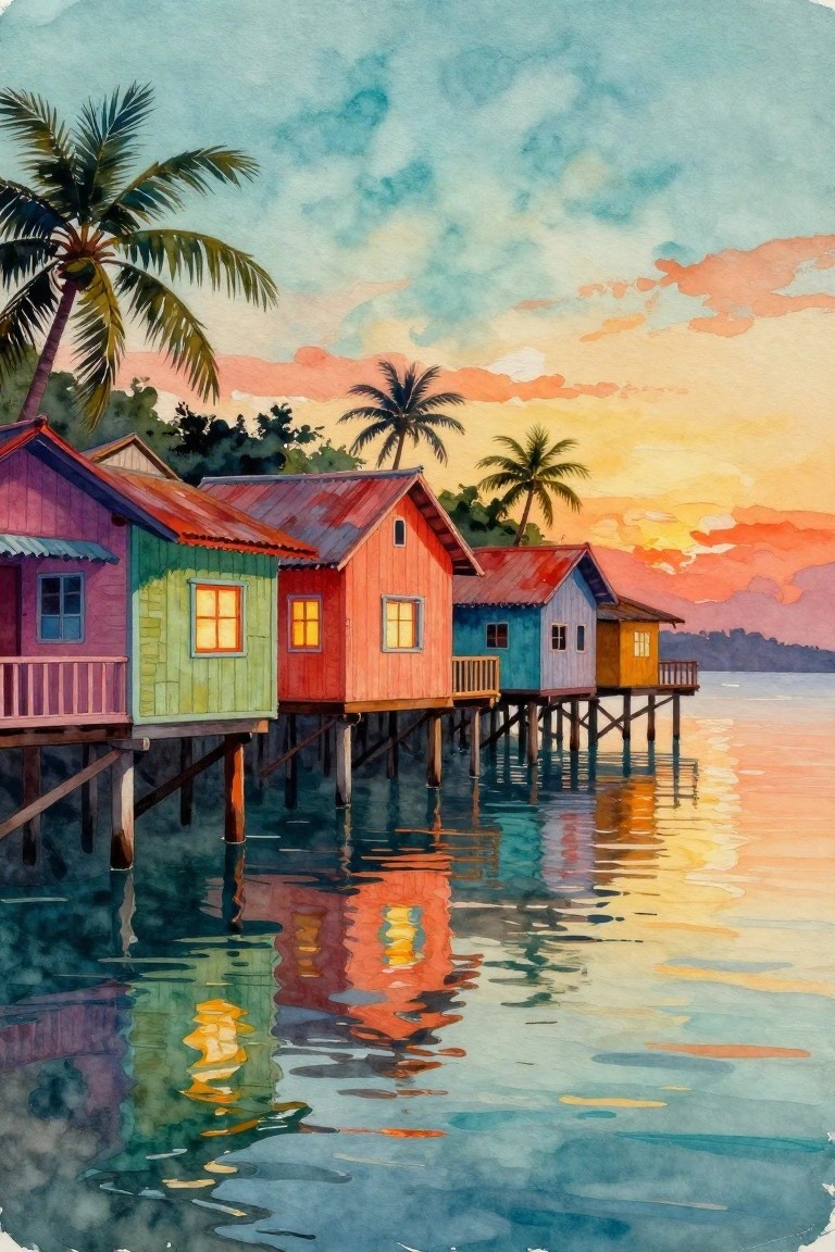Colorful stilt houses over calm water at vibrant tropical sunset with palm trees