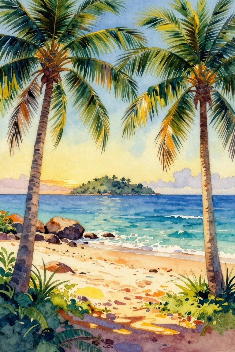 Watercolor of two palm trees framing a sandy tropical beach with distant island at sunset