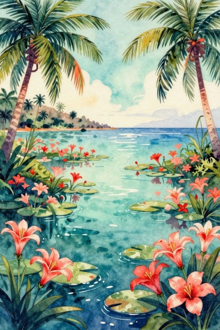 A watercolor painting of a tropical lagoon framed by two palm trees, with lily pads and red-pink flowers scattered across the blue water and a distant shoreline visible.
