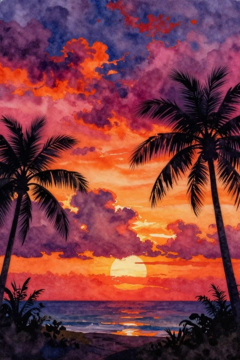 Vibrant watercolor sunset with silhouetted palm trees over reflective ocean waters