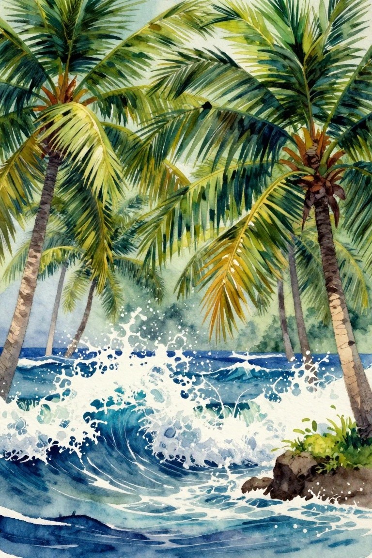 Watercolor of swaying palm trees above crashing blue waves with white foam on shore