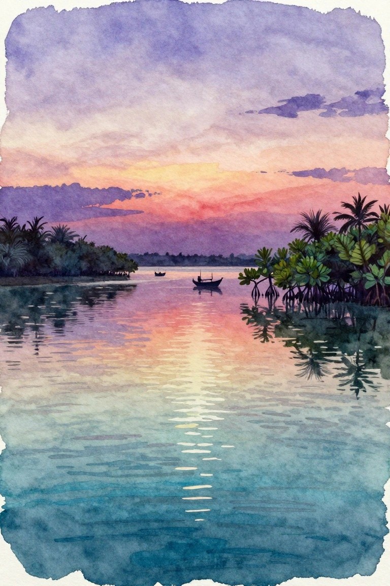 A watercolor painting of a tropical sunset over calm water with two small boats, palm trees, and mangroves reflected in the surface.