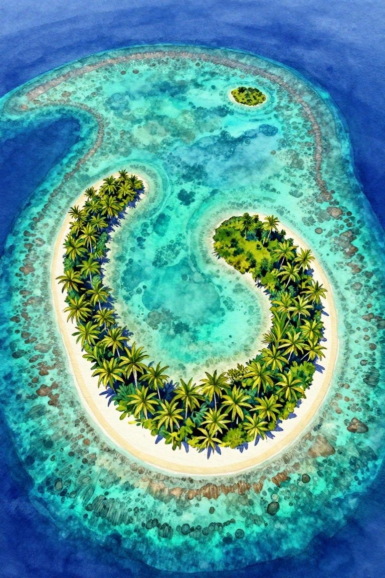 Snake-shaped tropical island with palm trees in turquoise coral reef waters.
