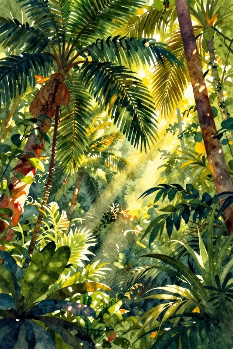 Vibrant watercolor jungle with tall palm trees and golden sunlight rays through leaves