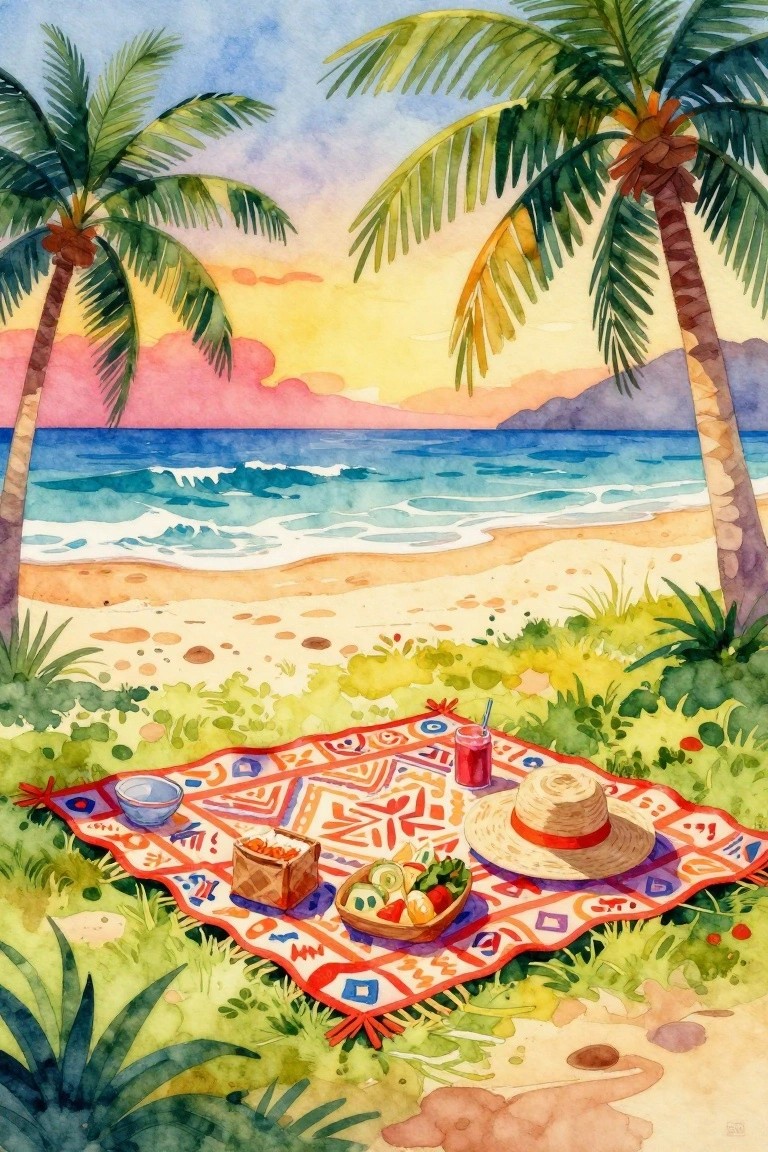 Watercolor beach picnic with patterned blanket, straw hat, food, and sunset palms