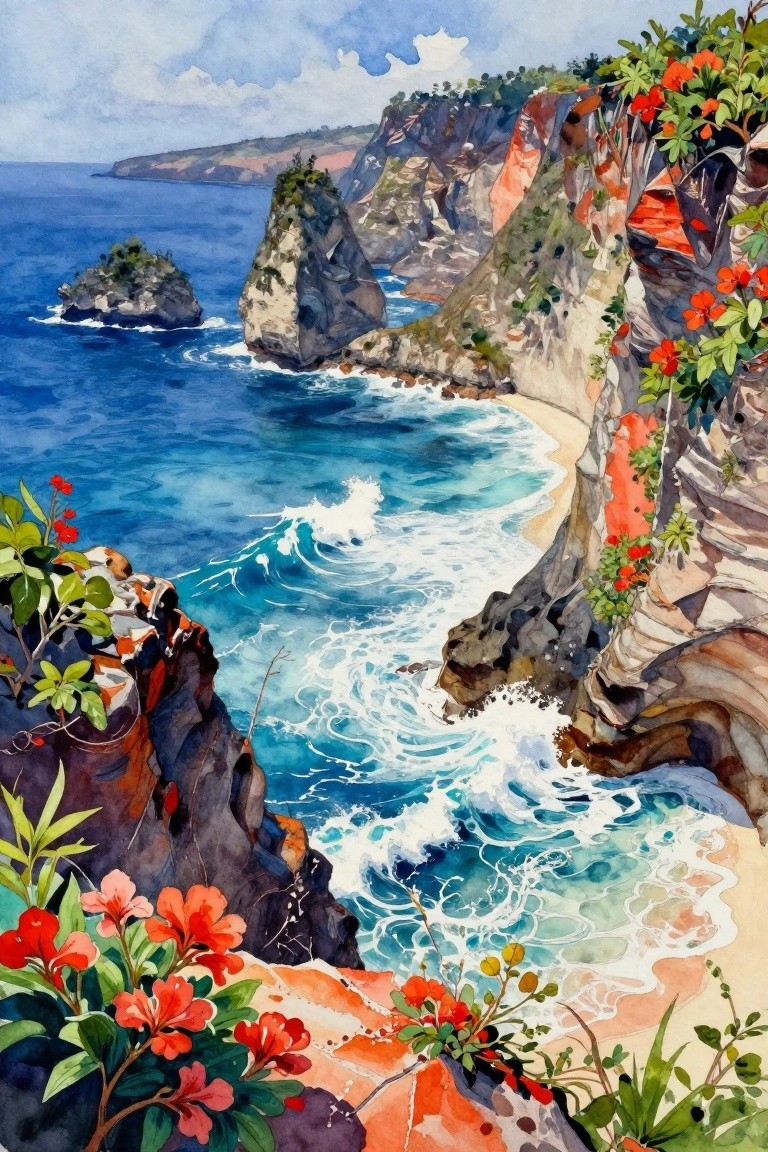 Watercolor of turquoise waves crashing on cliffs with red flowers overlooking cove