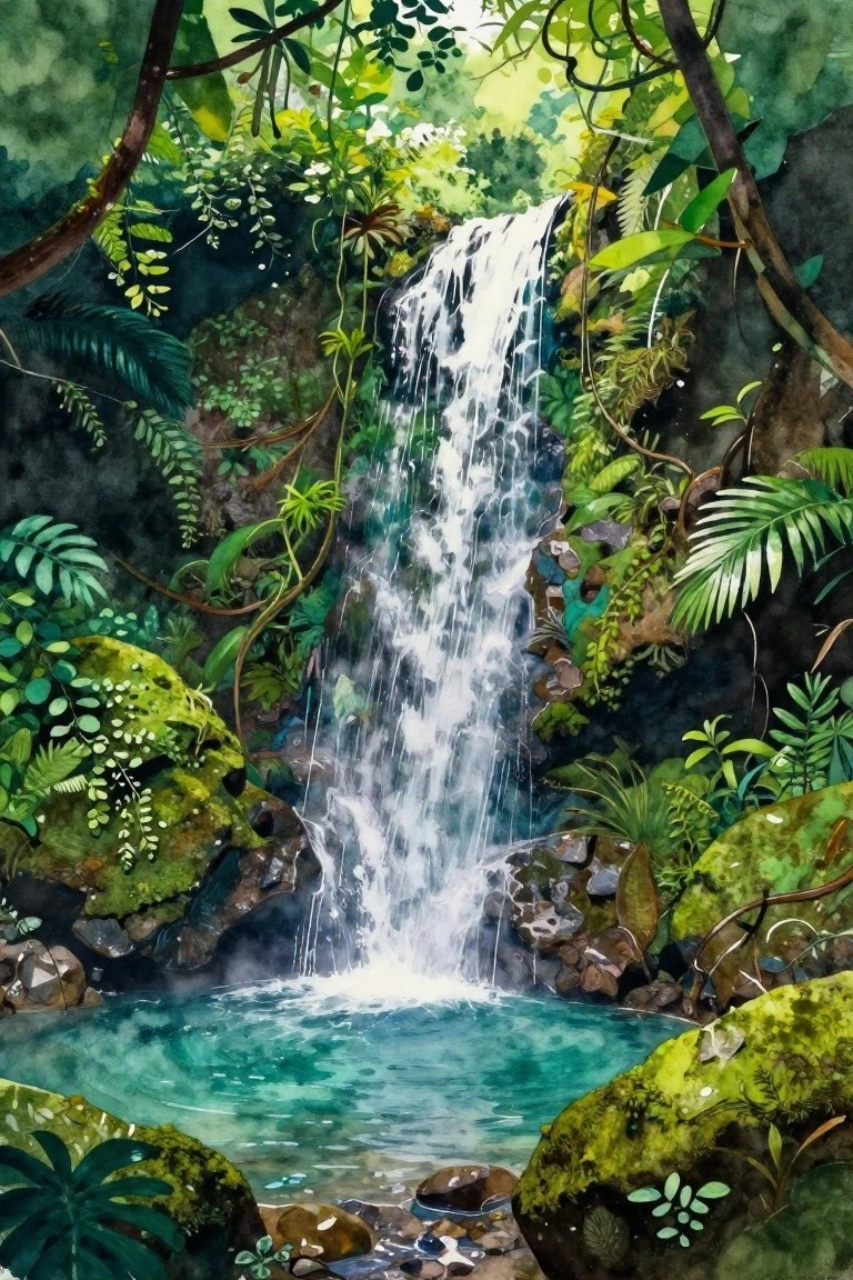 Watercolor of jungle waterfall cascading into turquoise pool amid lush green foliage and rocks