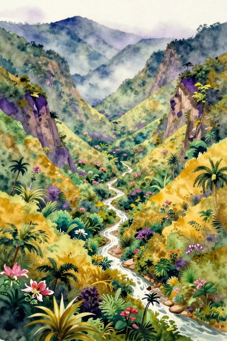 Watercolor painting of misty mountains with winding river and lush tropical foliage.
