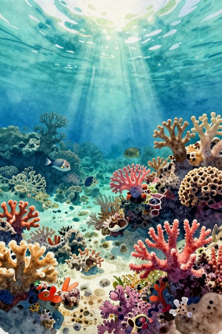 Vibrant watercolor coral reef with colorful corals, fish, and sunlight rays underwater
