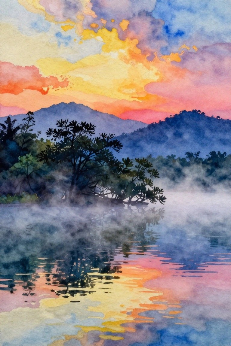 Watercolor of misty lake reflecting vibrant orange-pink sunset sky with silhouetted trees and mountains