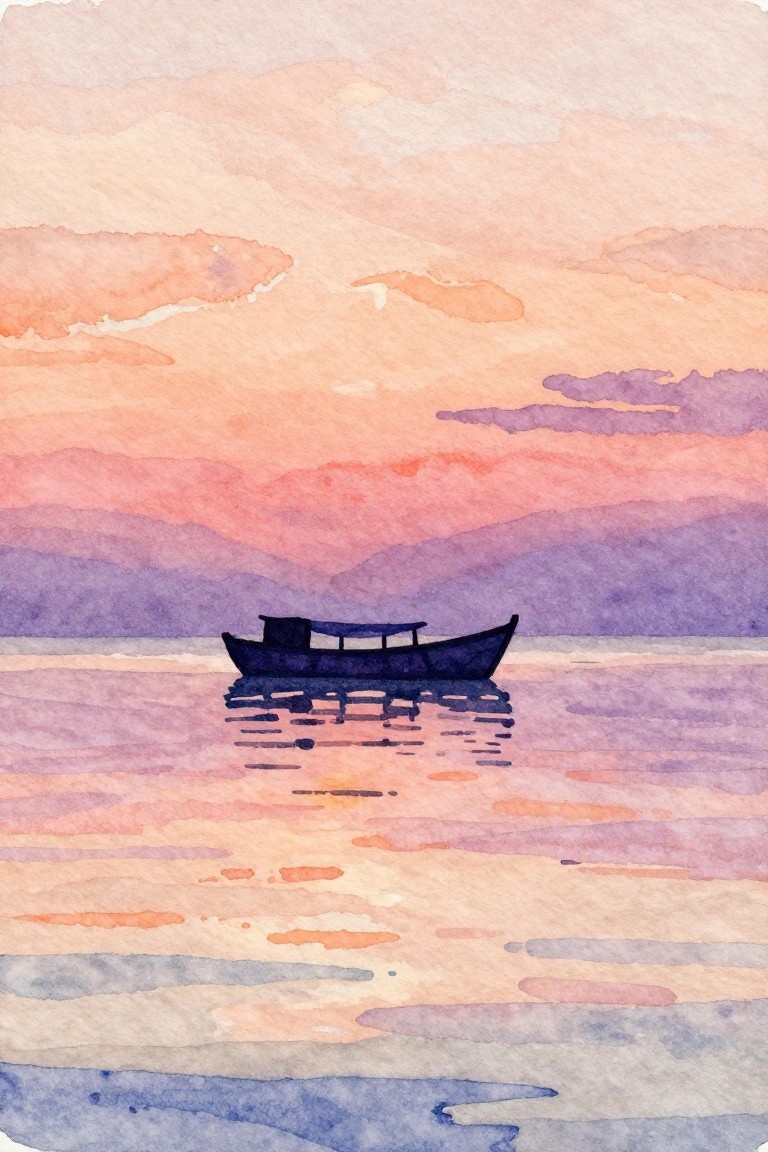 Boat on calm water reflecting vibrant orange-pink-purple sunset sky with distant mountains, watercolor style.