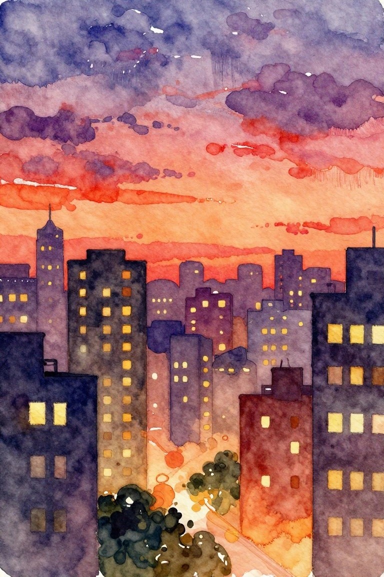 Watercolor cityscape at sunset with glowing windows in silhouetted buildings under orange-purple clouds