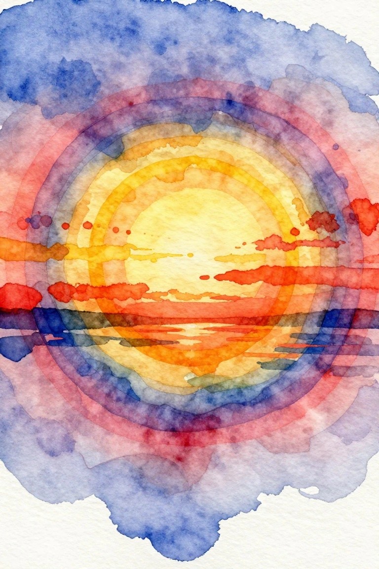 Vibrant watercolor sunset with concentric yellow orange red and blue rings