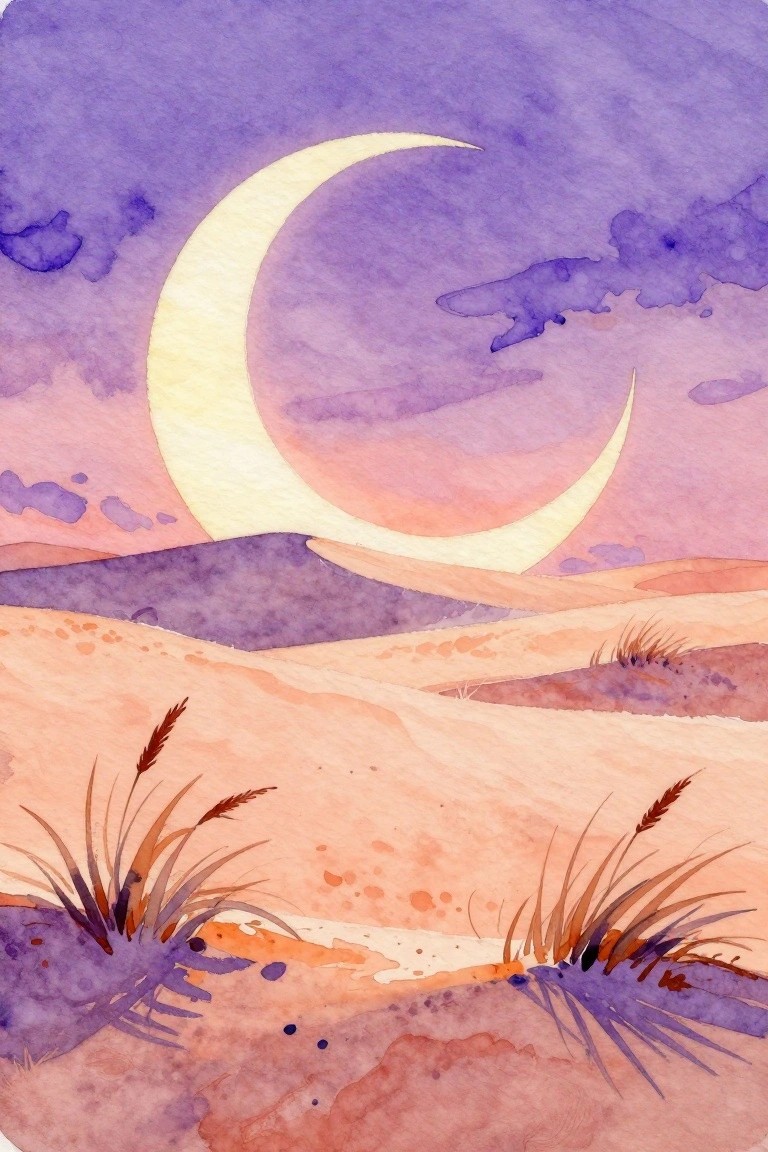 A watercolor painting of a large crescent moon above layered sand dunes in purple and peach tones with grass in the foreground.