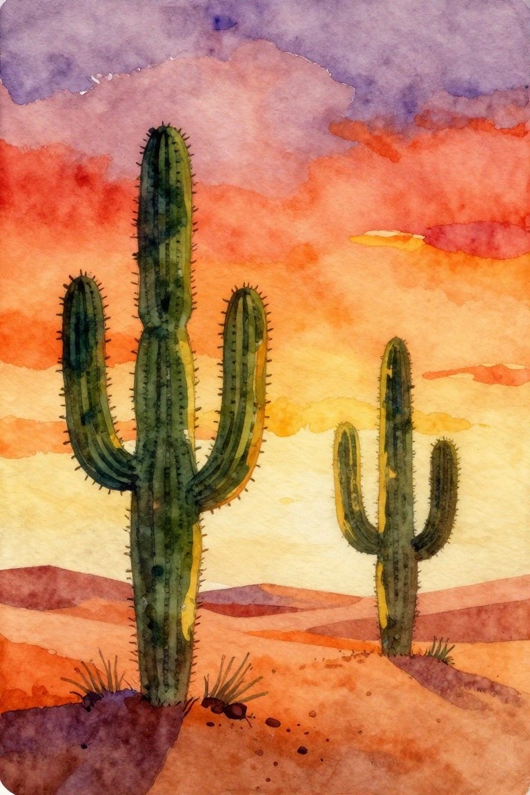 Watercolor of tall saguaro cacti in a desert under a vibrant sunset sky