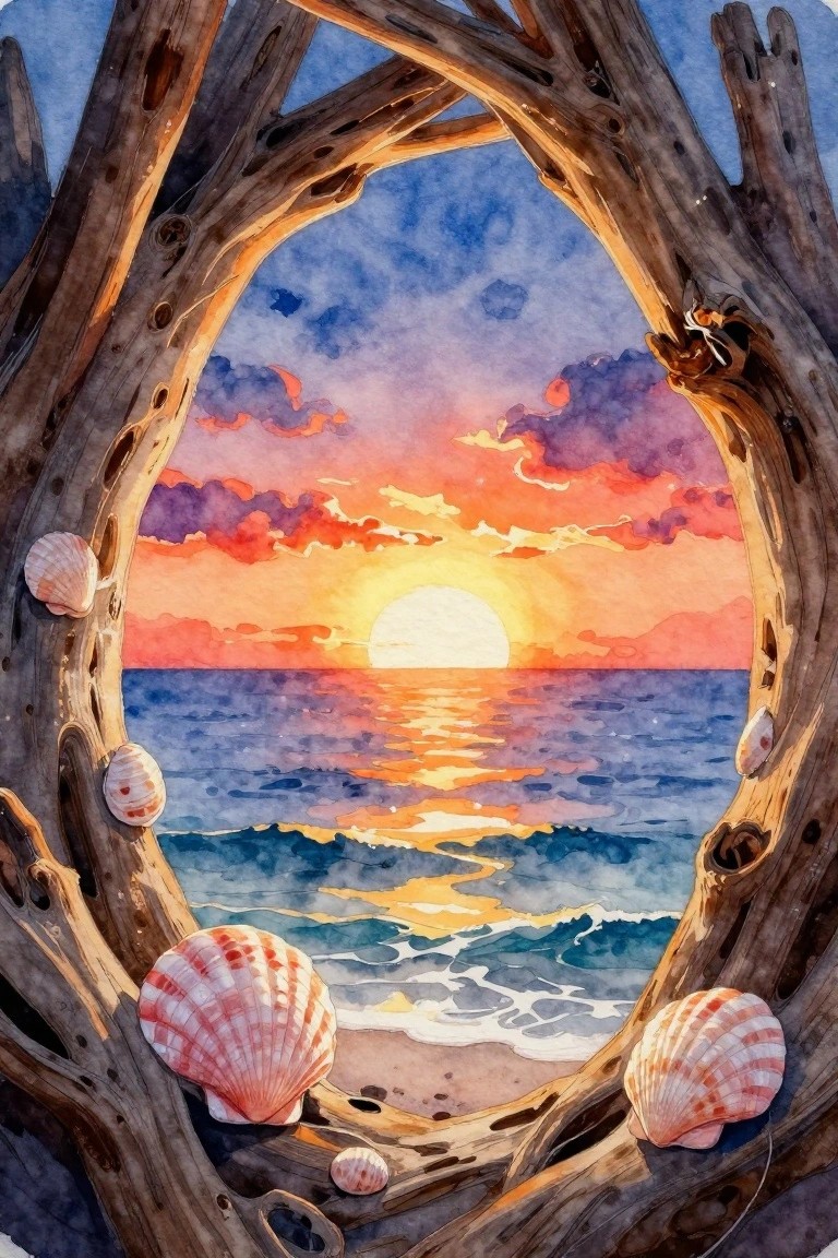 Watercolor sunset over ocean framed by driftwood with scattered seashells at twilight.