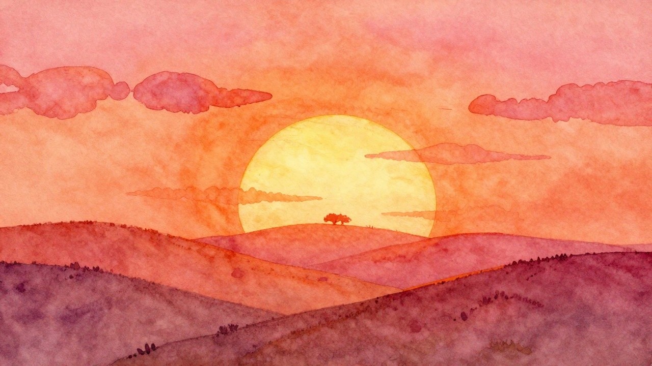 Watercolor sunset over rolling orange hills with pink clouds and glowing sun.