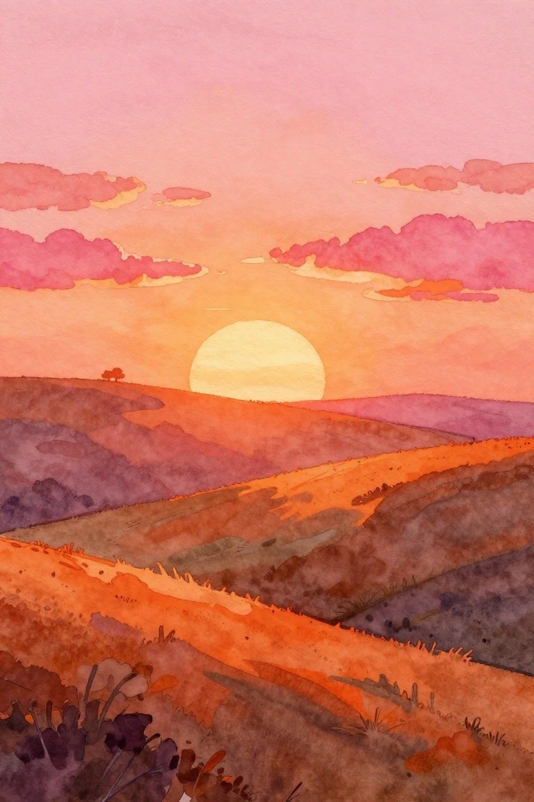 Watercolor sunset over rolling orange hills with pink clouds and glowing sun.