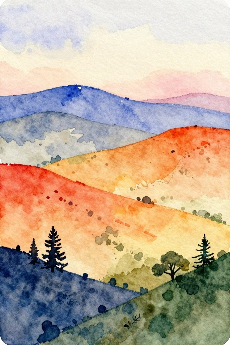 Watercolor landscape of layered hills in blue, orange, and green with silhouetted trees.