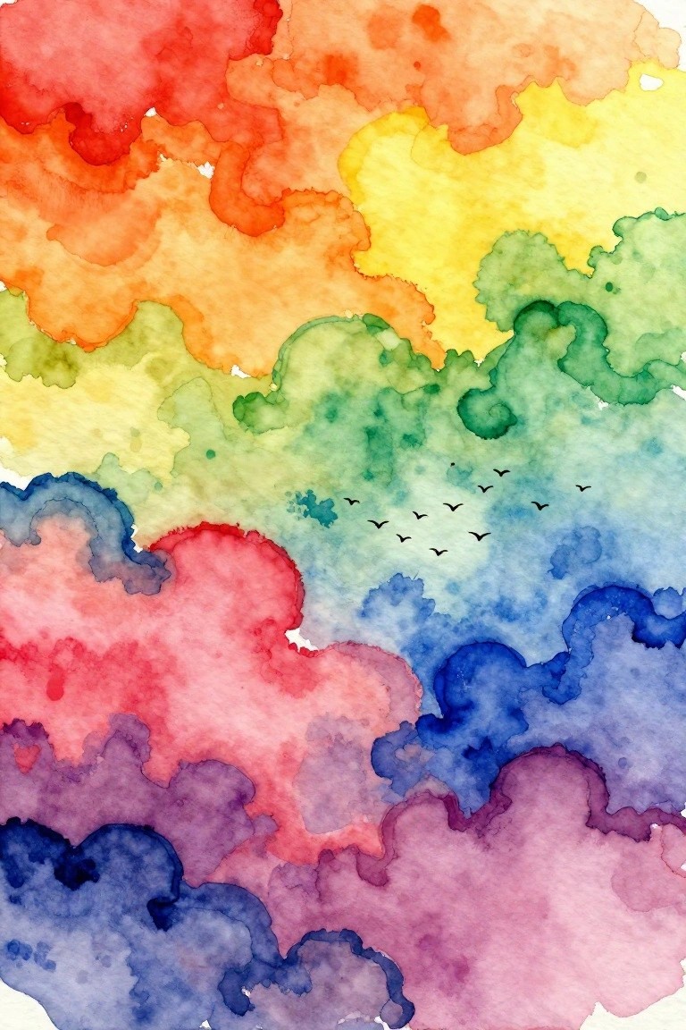 Rainbow watercolor clouds with a flock of black birds soaring.