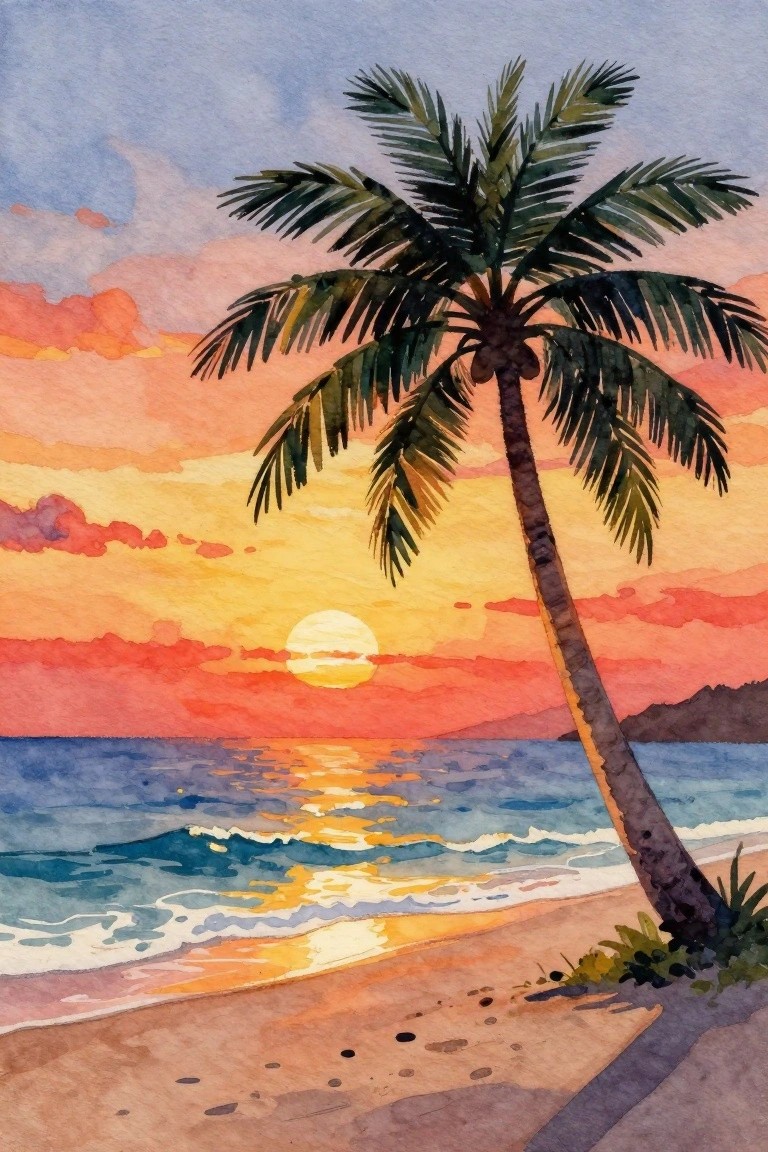 Watercolor painting of leaning palm tree on beach at vibrant ocean sunset.