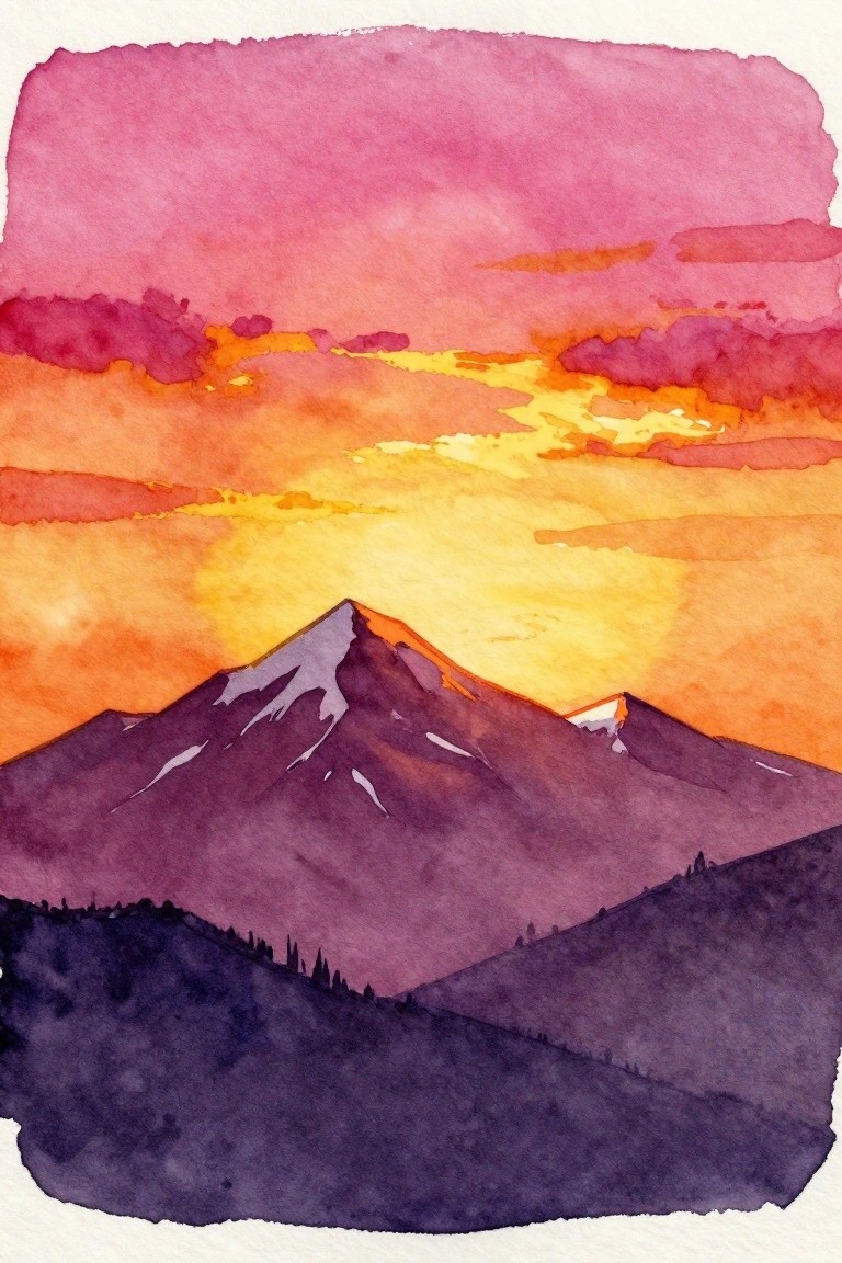 Watercolor landscape of silhouetted mountains beneath a vibrant pink and orange sunset sky.