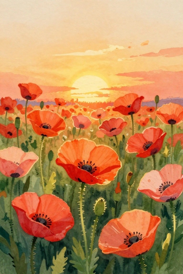Vibrant watercolor of red poppies blooming in a sunset field