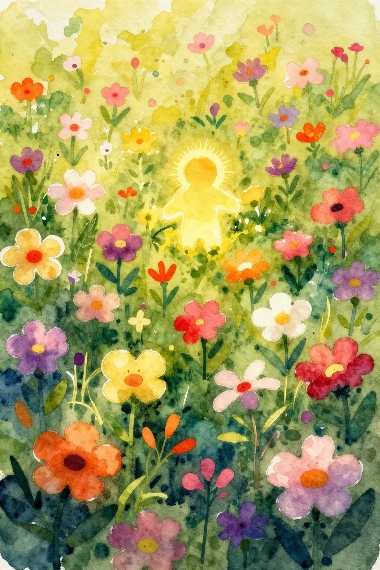 Watercolor meadow of vibrant wildflowers surrounding a glowing yellow silhouette