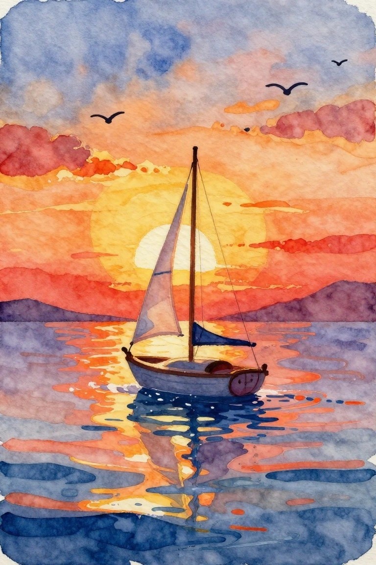 Watercolor sailboat on reflective water under vibrant orange-red sunset sky with birds