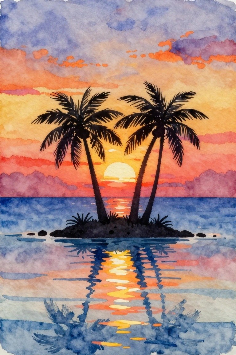 Two silhouetted palm trees on an island against a vibrant watercolor ocean sunset with reflections.