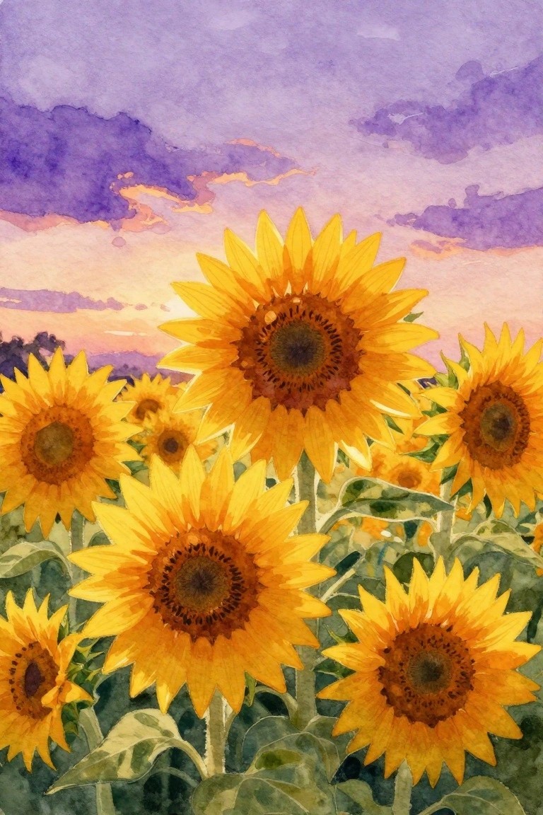 A watercolor painting of several large sunflowers in the foreground with a purple and orange sunset sky behind them.