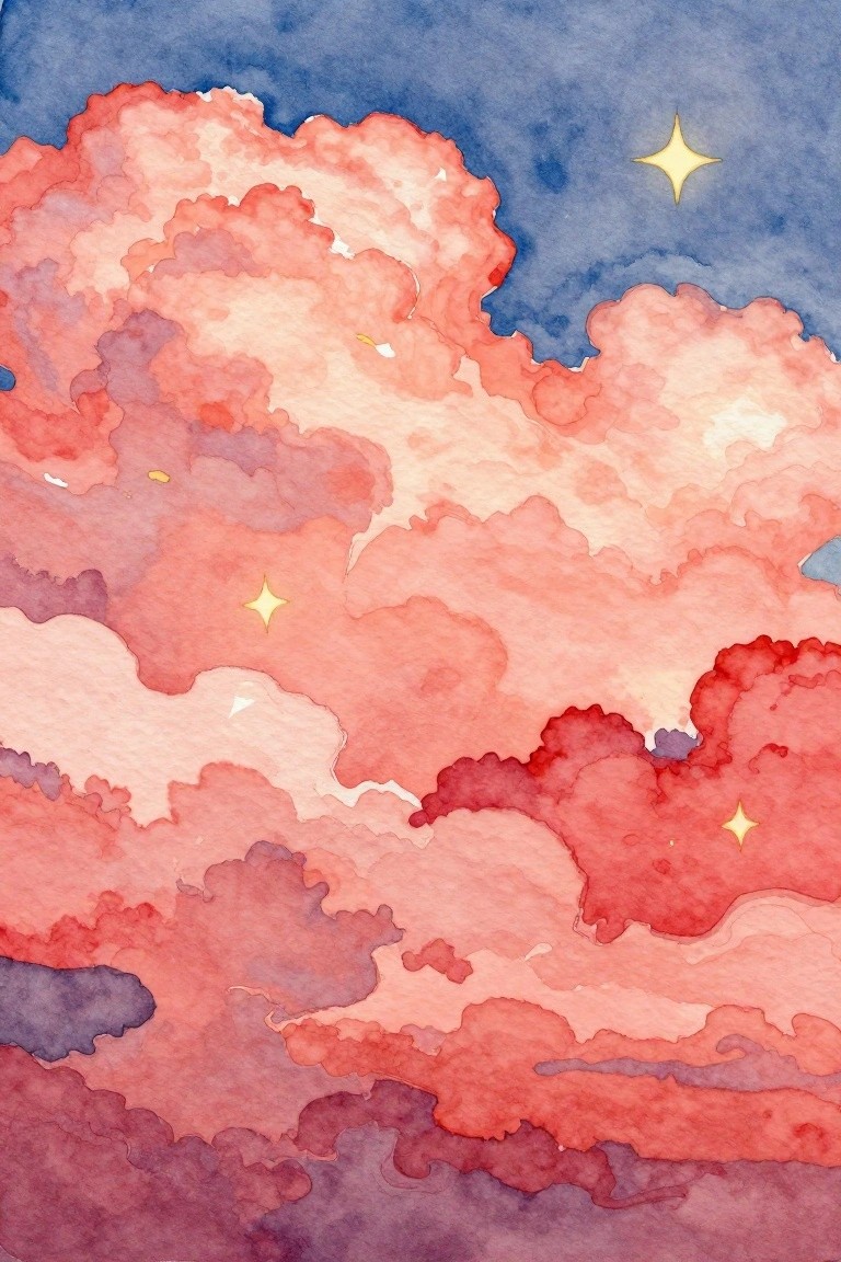 Watercolor painting of pink and red clouds against a blue sky with yellow stars.