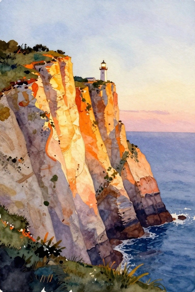 Watercolor of white lighthouse atop vibrant cliffs overlooking calm blue ocean at sunset.