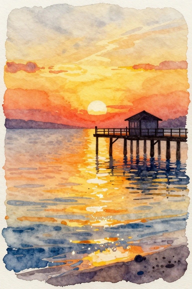 Watercolor sunset with wooden pier, small hut, and vivid sky reflections on water.