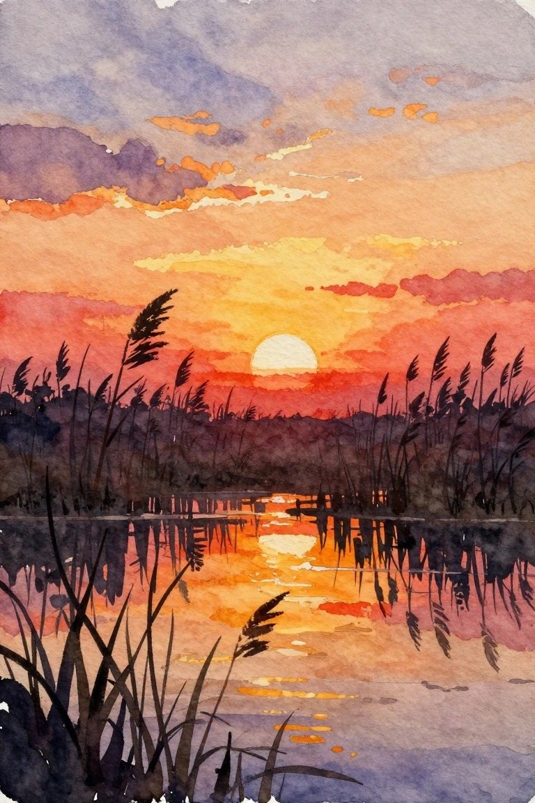 Watercolor sunset landscape with silhouetted reeds reflecting in calm orange and red water